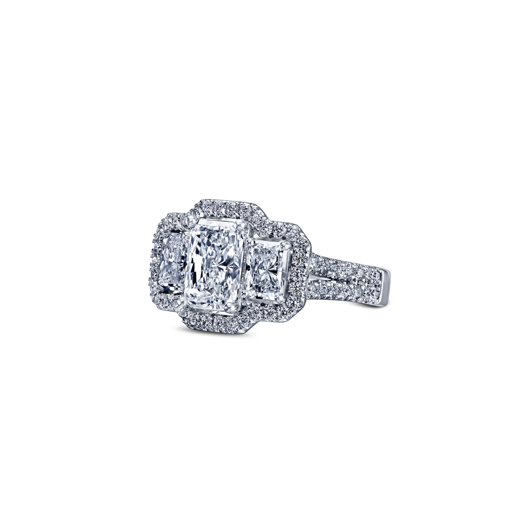 18K White Gold – Radiant Cut, 3 Stone Halo Diamond Engagement Ring Setting