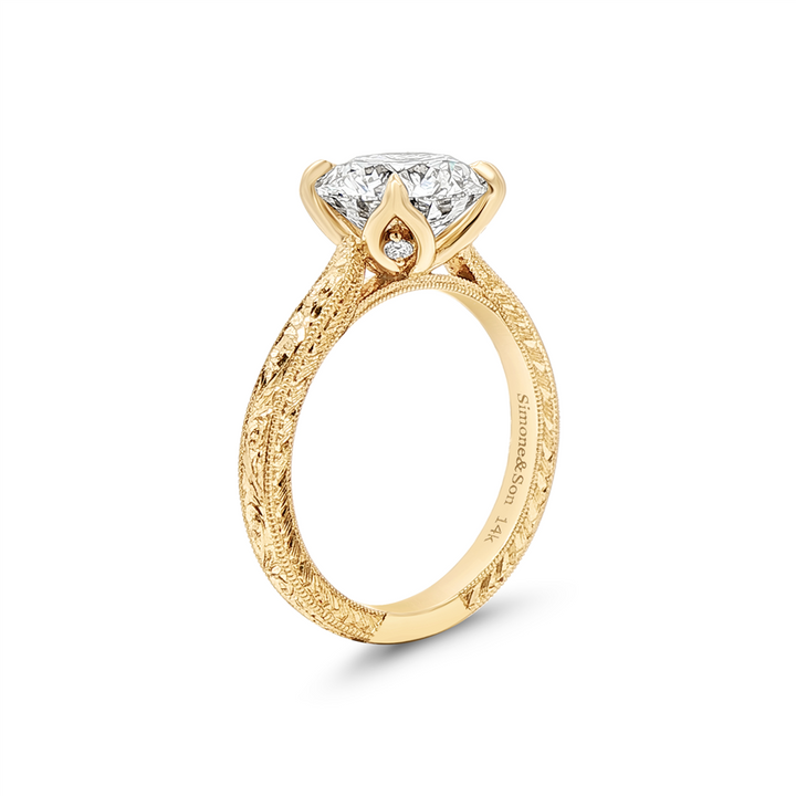 14K Yellow Gold Hand-Engraved Tulip Lab Grown Diamond Semi-Mount Engagement Ring