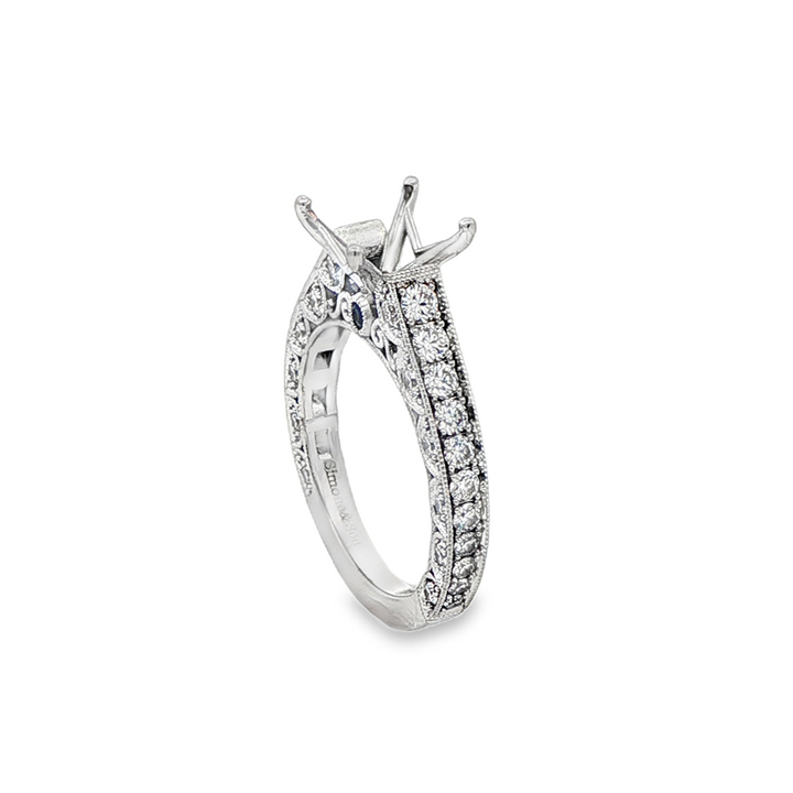 18K White Gold Ornate Cathedral Semi-Mount Ring – 1.09ctw. Natural Diamonds & Blue Sapphires