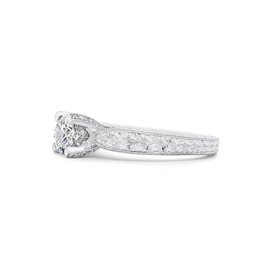 14K White Gold Hand-Engraved Natural Diamond Prong Solitaire Semi-Mount Engagement Ring