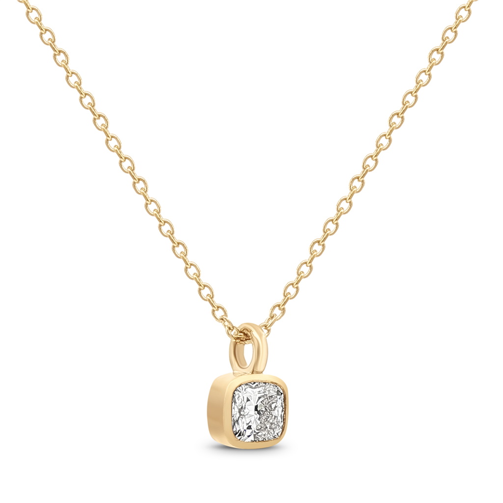 14K Yellow Gold Bezel Natural Diamond Necklace – 0.52ct Cushion Cut, VVS1-H, GIA Certified, 18"/17", 2.5g