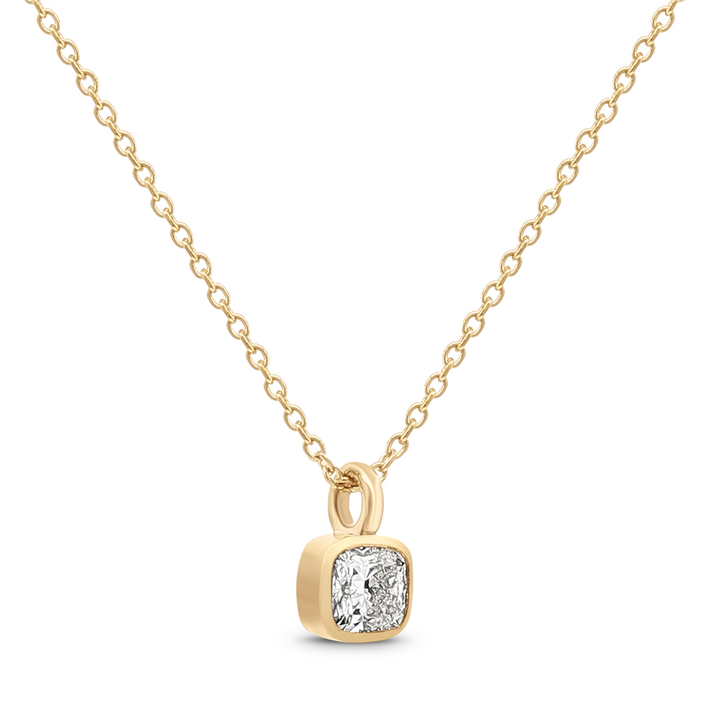 14K Yellow Gold Bezel Natural Diamond Necklace – 0.52ct Cushion Cut, VVS1-H, GIA Certified, 18"/17", 2.5g