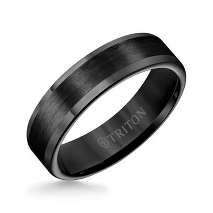 Triton Black Tungsten Carbide Satin Finish Flat Center with Bright Polish Round Edges Comfort Fit Wedding Band – 6mm