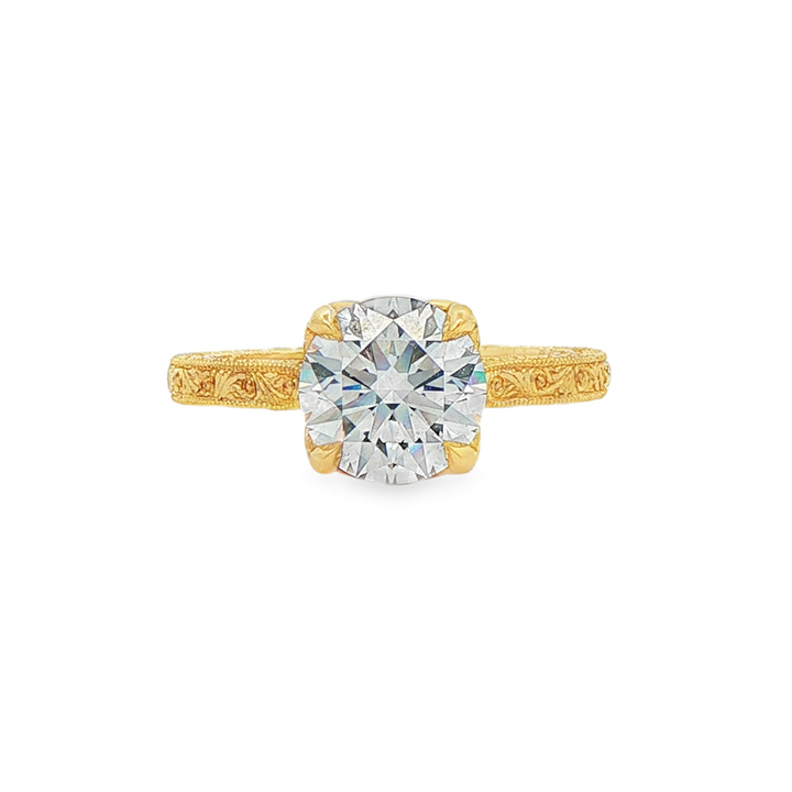 14K Yellow Gold Hand Engraved Tulip Design Diamond Engagement Ring – Semi-Mount | Size 6