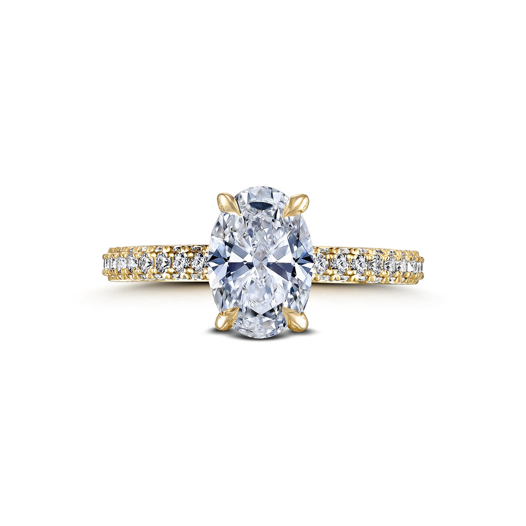 18K Yellow Gold 3-Sided Engagement Ring with Lab Grown Oval Diamond Center and Natural Diamond Sides - 2.65ctw.