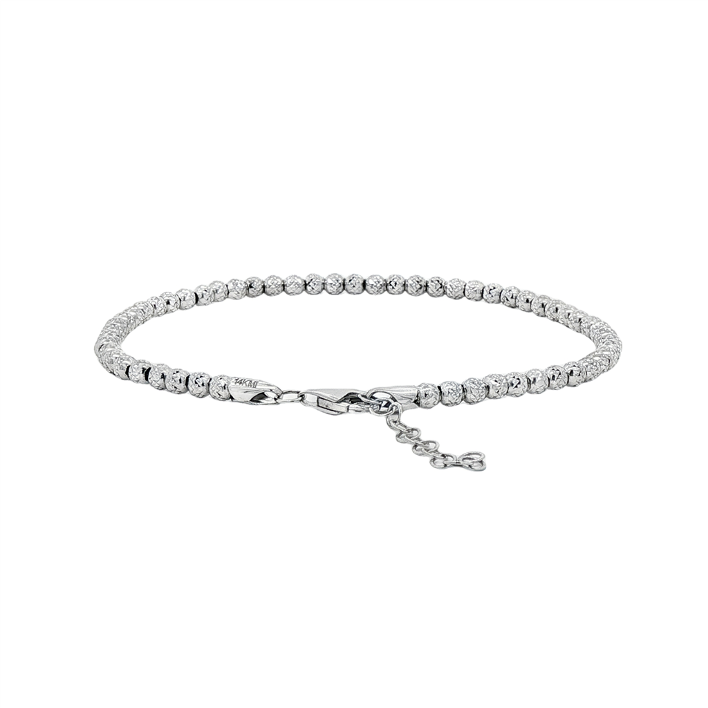 14K White Gold Diamond-Cut 3mm Bead Bracelet – Adjustable 7–8" (4.9g)