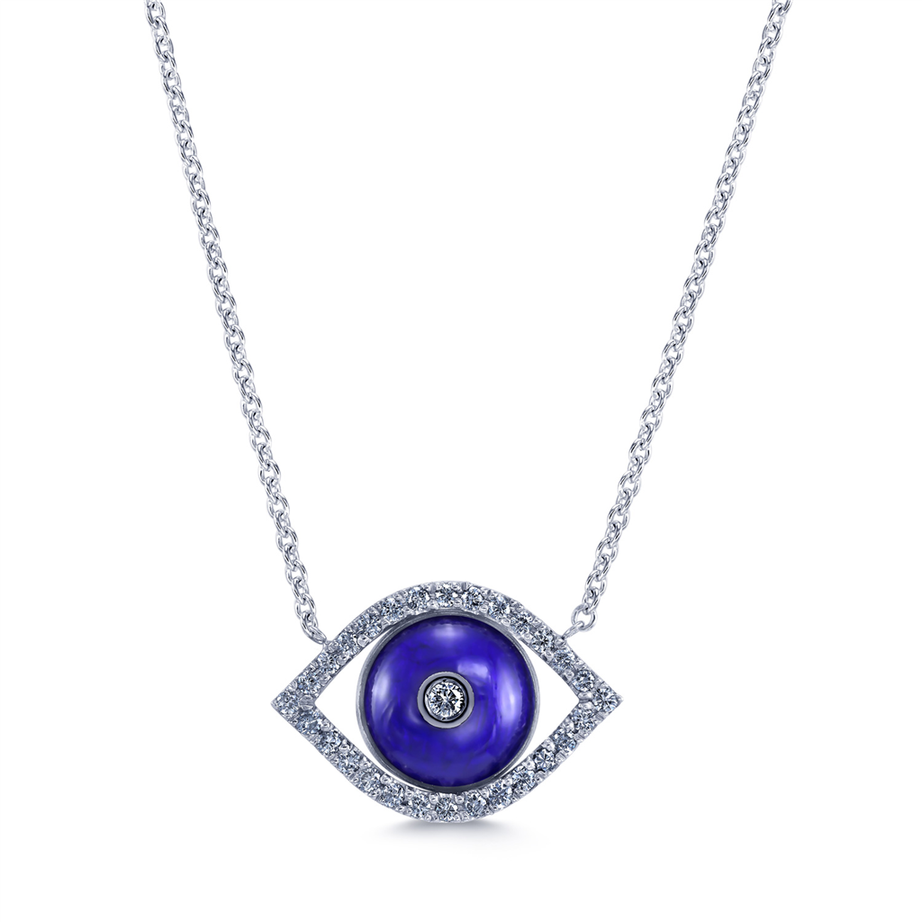 18K White Gold Evil Eye Blue Enamle & Diamond Necklace 0.30ctw.