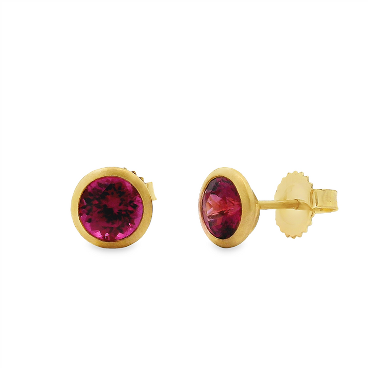 18K Yellow Gold Round Rhodolite Garnet Bezel Stud Earrings – 2.07ctw.