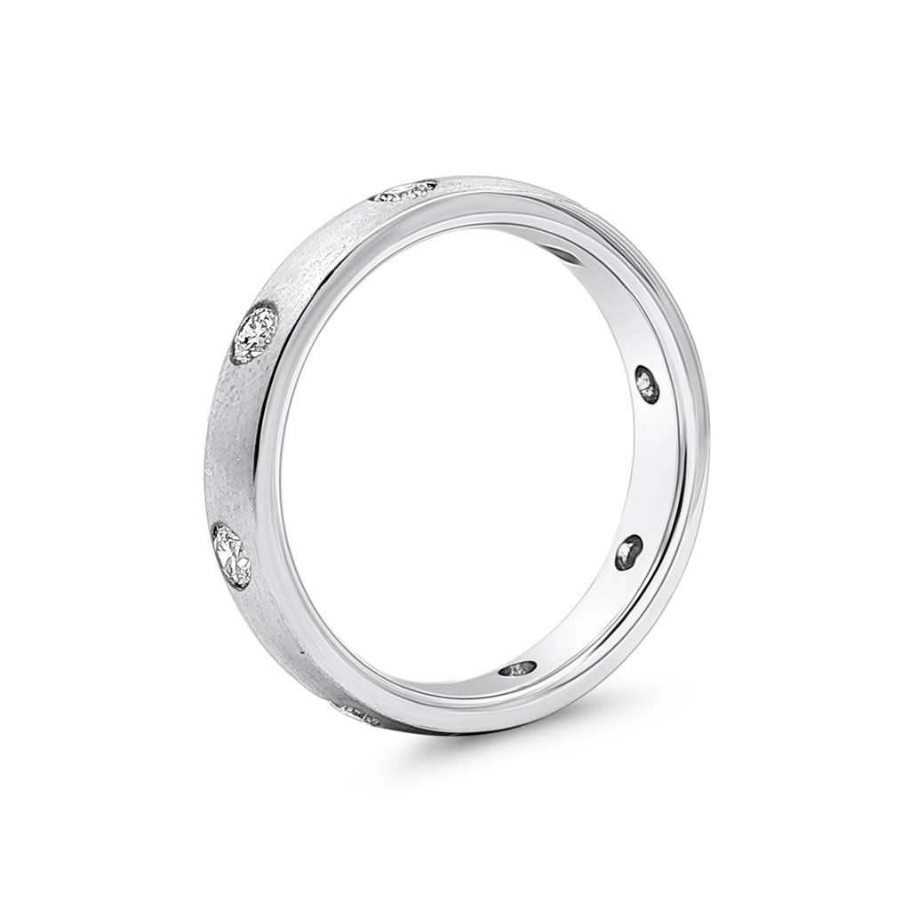 14K White Gold Round Natural Diamond Flush Set Matte Dome Wedding Band