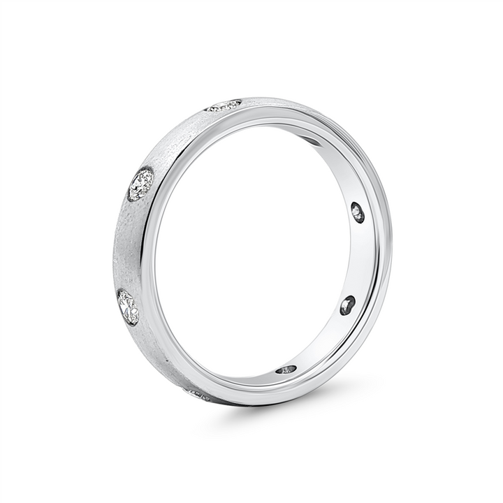 14K White Gold Round Natural Diamond Flush Set Matte Dome Wedding Band