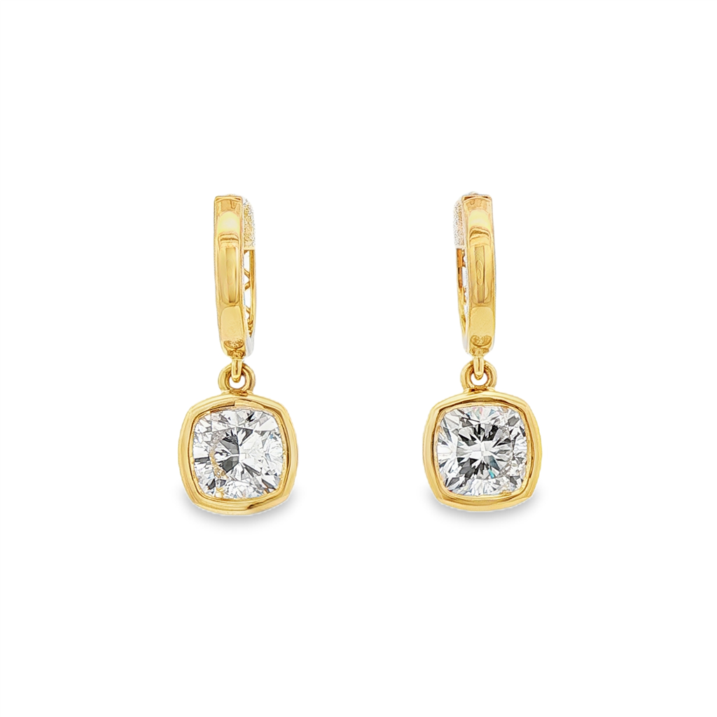 14K Yellow Gold Lab Diamond Bezel Dangle Earrings – 2.89ctw Cushion E/VS1 (IGI Certified)