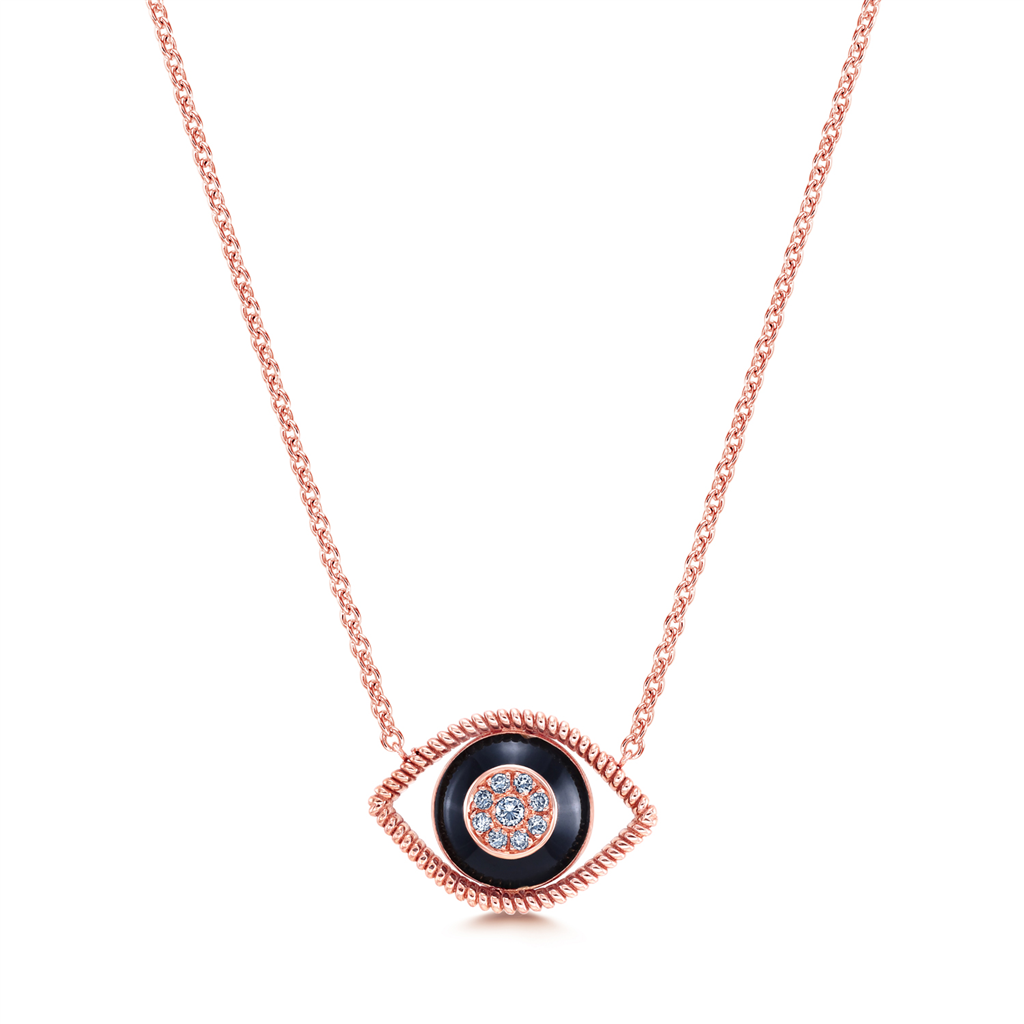 18K Rose Gold Evil Eye Necklace With Black Enamel & Diamonds 0.14ctw.