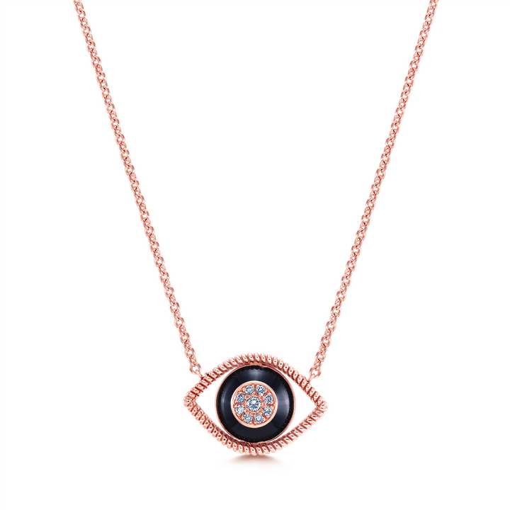 18K Rose Gold Evil Eye Necklace With Black Enamel & Diamonds 0.14ctw.