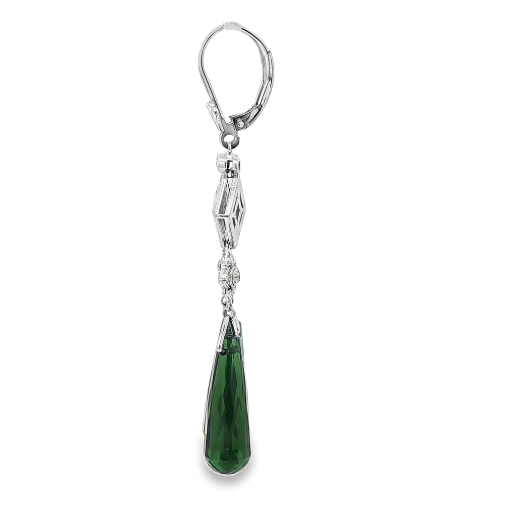 18K White Gold Briolette Green Tourmaline & Diamond Drop Earrings – 19.5ctw Tourmaline, 0.60ctw Diamonds