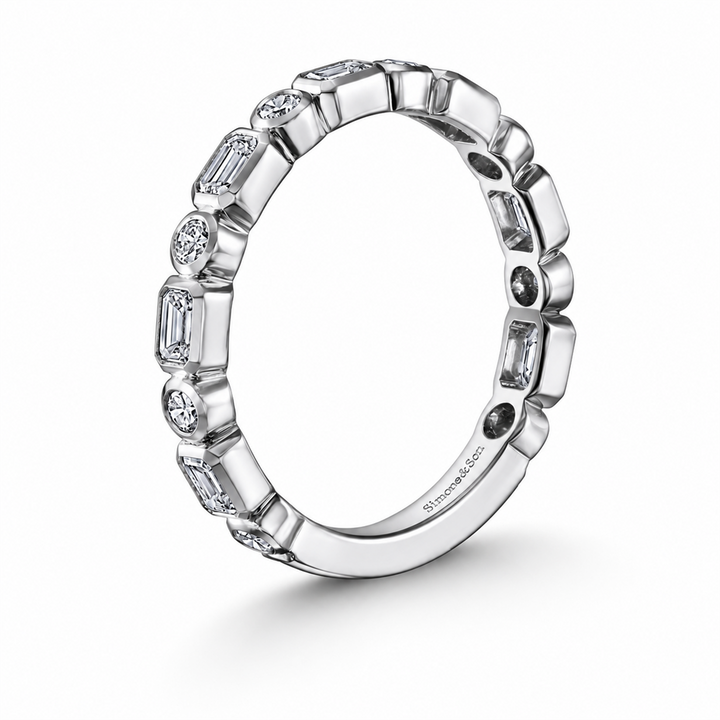 14K White Gold Smooth Bezel Round and Emerald Cut LAB Diamond 2/3 Wedding Band 0.79ctw.