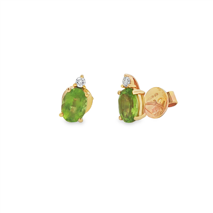 14K Yellow Gold 7x5mm Peridot Stud Earrings with Diamonds – 0.08ctw.