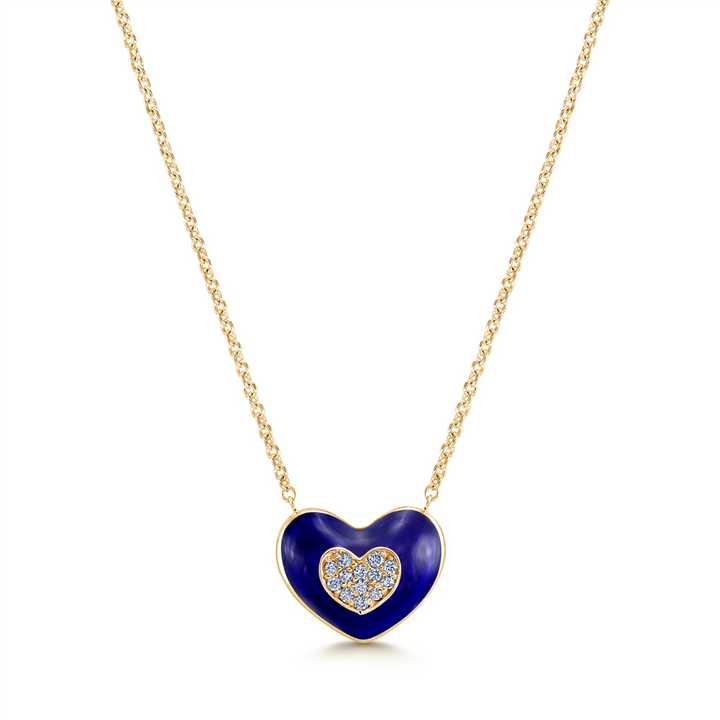 18K Yellow Gold Heart Necklace With Blue Enamle & Diamonds 0.09ctw.