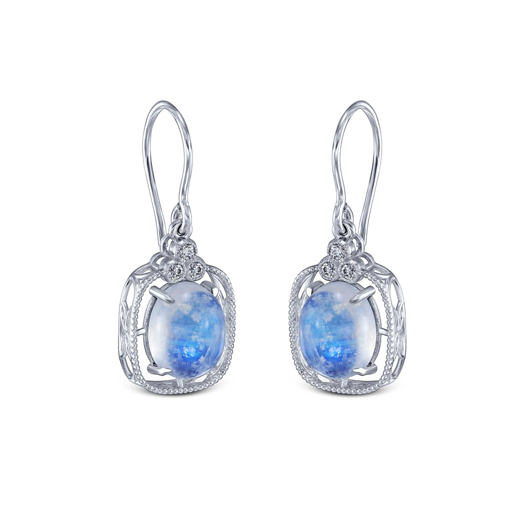 14K White Gold Moonstone & Diamond Earrings