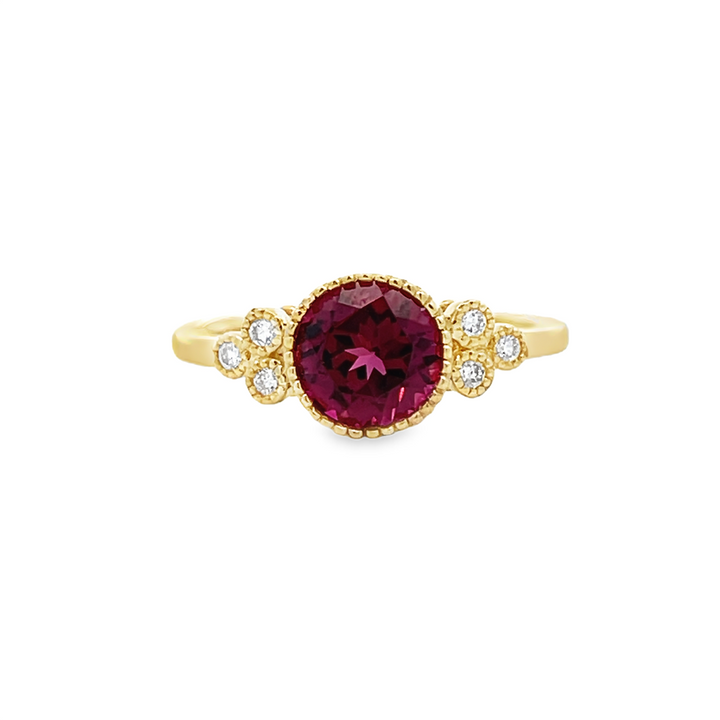 14K Yellow Gold Round Rhodolite Garnet & Diamond Ring – 7mm, 0.09ctw Diamonds