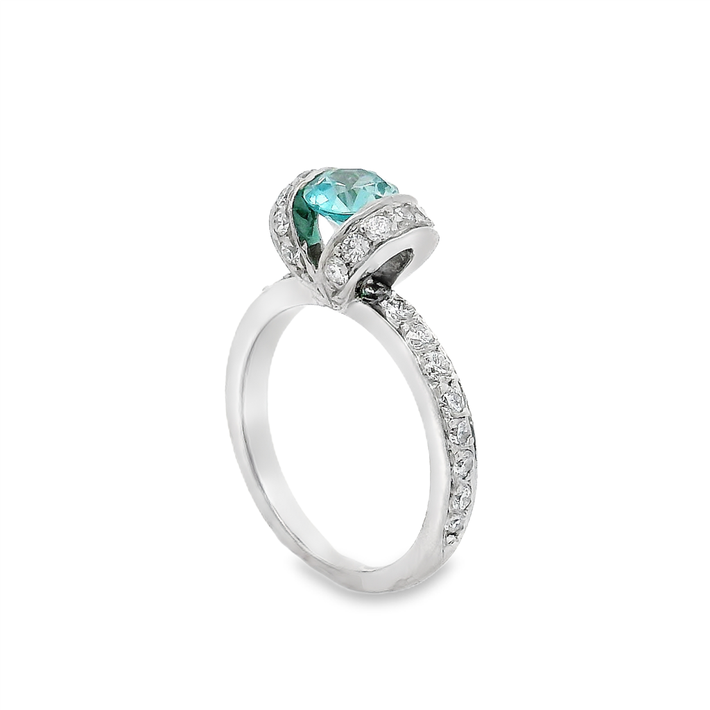 Platinum Blue Zircon & Diamond Loop Ring – 0.77ct Zircon, 0.45ctw Diamonds