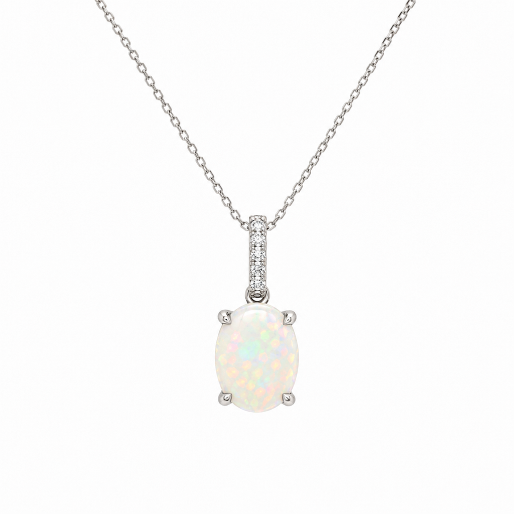 14K White Gold Natural Ethiopian Opal & Diamond Pendant