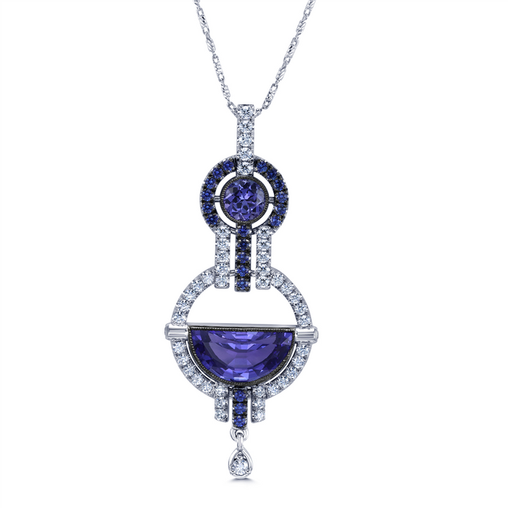 18K White Gold Tanzanite, Sapphire & Diamond Pendant