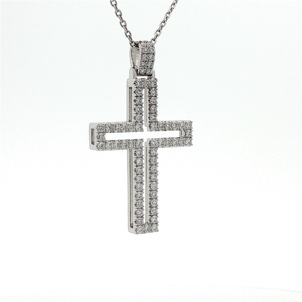 14K White Gold Lab-Grown Diamond Open-Center Cross Pendant – 0.99 CTW