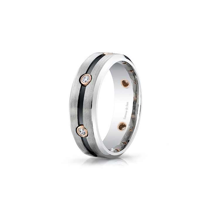 14k Grey Gold - Wedding Band With Rose Gold Bezel Set Diamonds