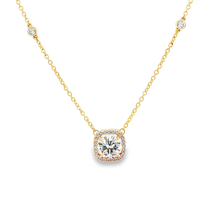 14K Yellow Gold Natural Diamond Halo Necklace – 1.56ctw, 16–18" Adjustable Rolo Chain