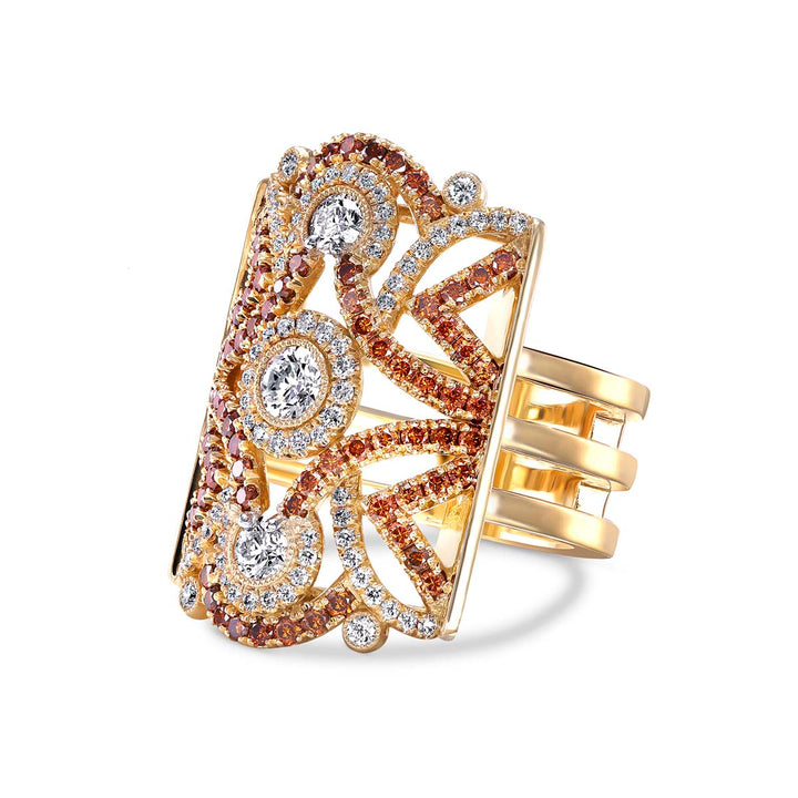 14k Yellow Gold - 3 Stone Multi Colored Diamond Pave Ring