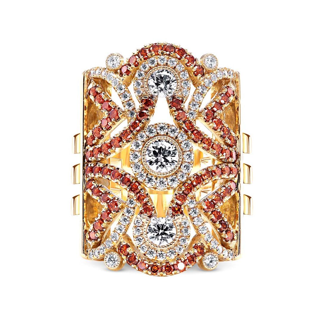 14k Yellow Gold - 3 Stone Multi Colored Diamond Pave Ring