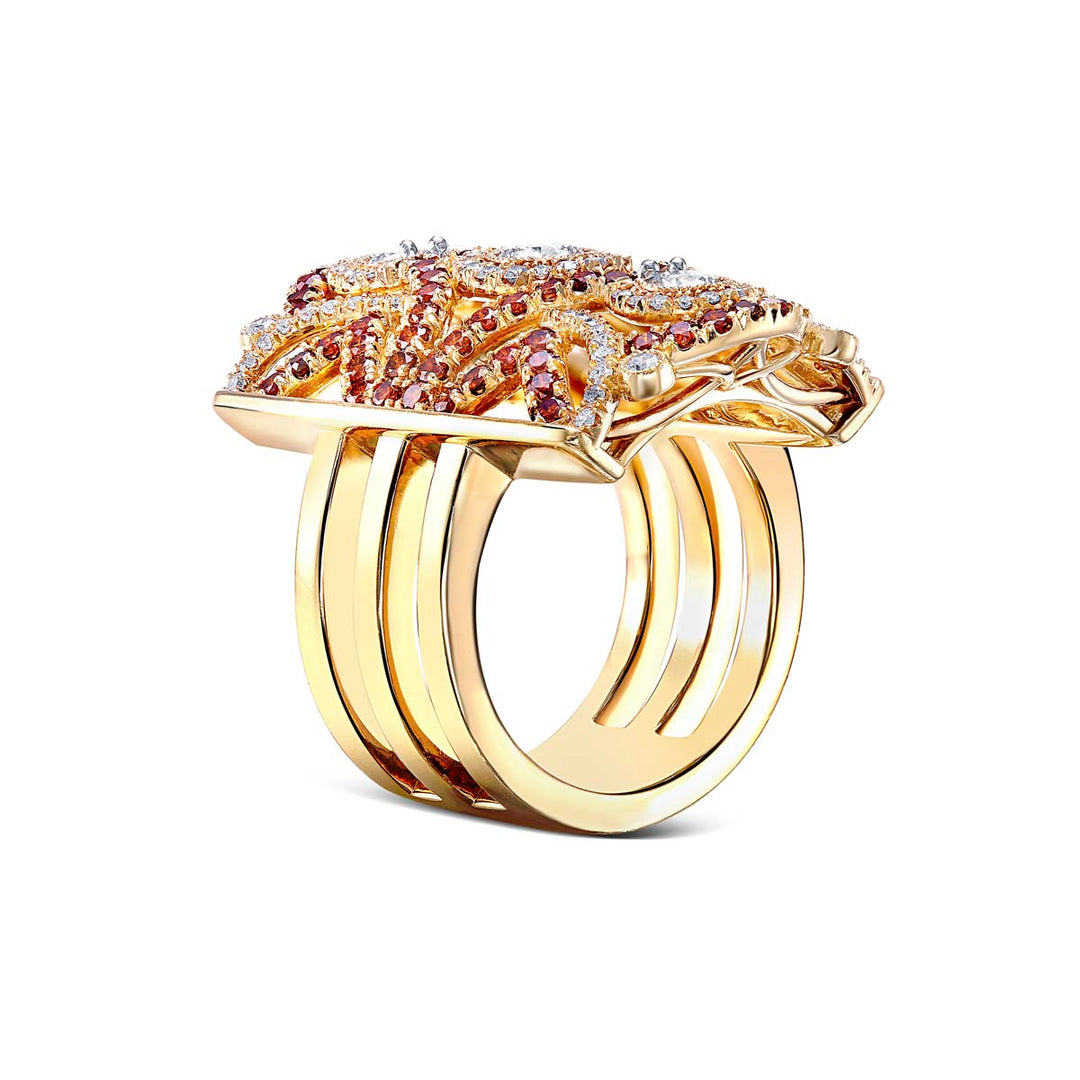 14k Yellow Gold - 3 Stone Multi Colored Diamond Pave Ring