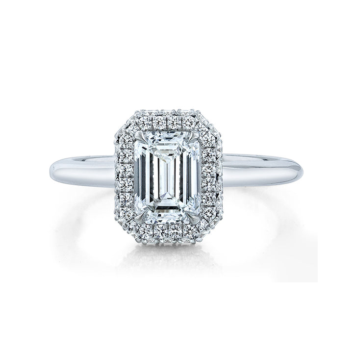 18k White Gold - Emerald Cut Diamond Halo Engagement Ring Setting