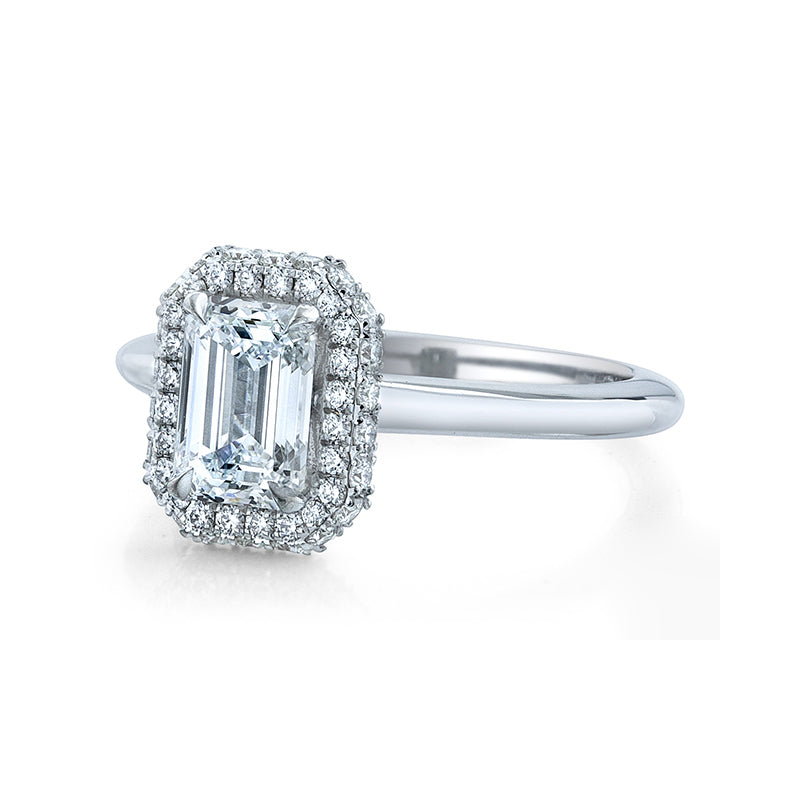 18k White Gold - Emerald Cut Diamond Halo Engagement Ring Setting