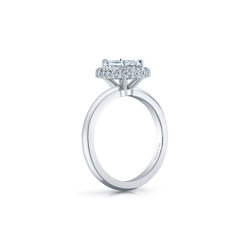 18k White Gold - Emerald Cut Diamond Halo Engagement Ring Setting