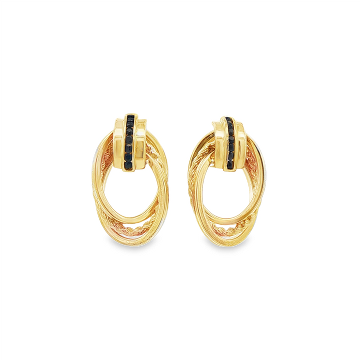 Estate 14K Yellow Gold Triple Loop Earrings w/ Black Stones