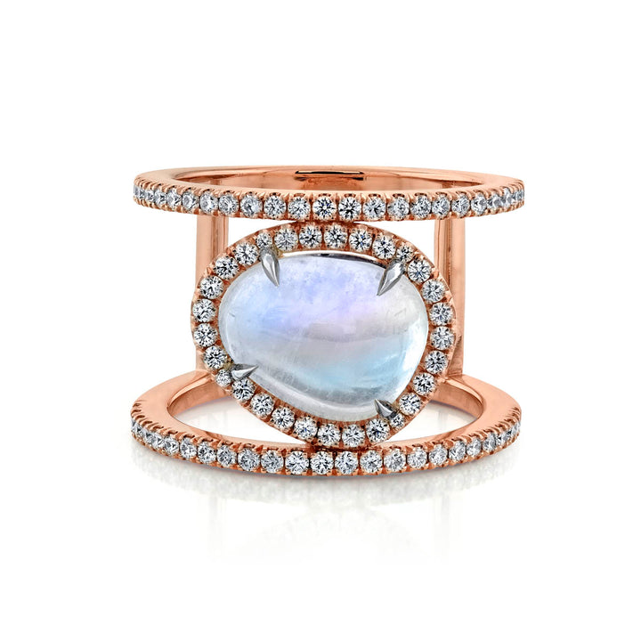 14K Rose Gold - Moonstone Ring With Pave Diamonds