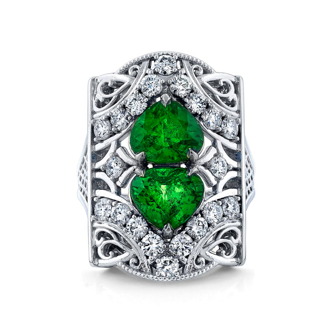 14K White Gold Custom Ring with 2.30ct & 2.40ct Tsavorite & Diamonds