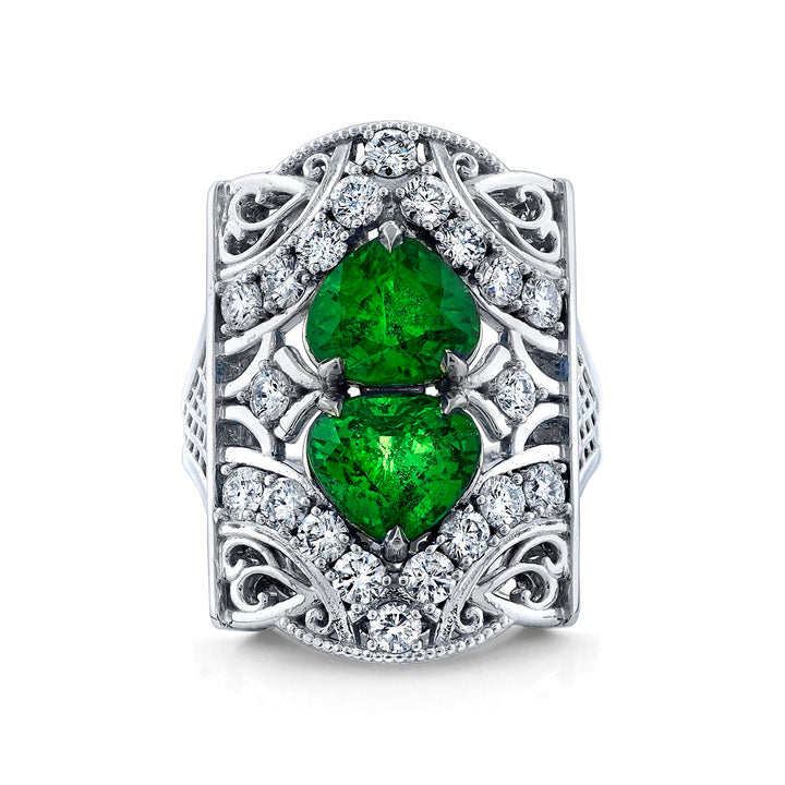 14K White Gold Custom Ring with 2.30ct & 2.40ct Tsavorite & Diamonds