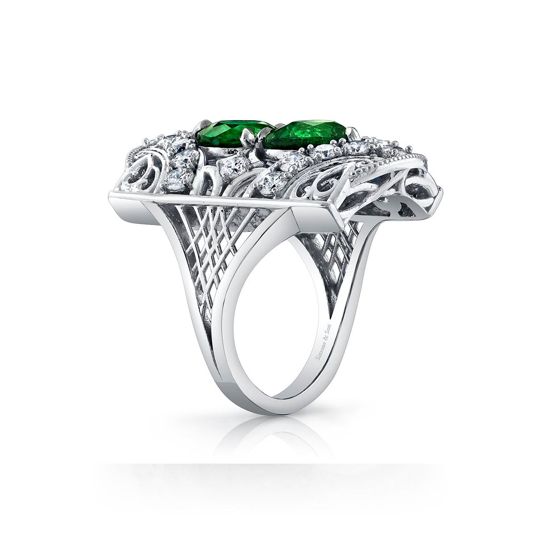 14K White Gold Custom Ring with 2.30ct & 2.40ct Tsavorite & Diamonds