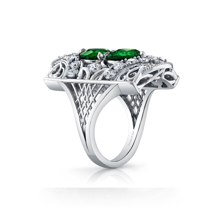 14K White Gold Custom Ring with 2.30ct & 2.40ct Tsavorite & Diamonds