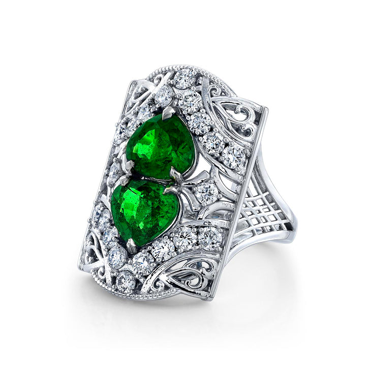 14K White Gold Custom Ring with 2.30ct & 2.40ct Tsavorite & Diamonds