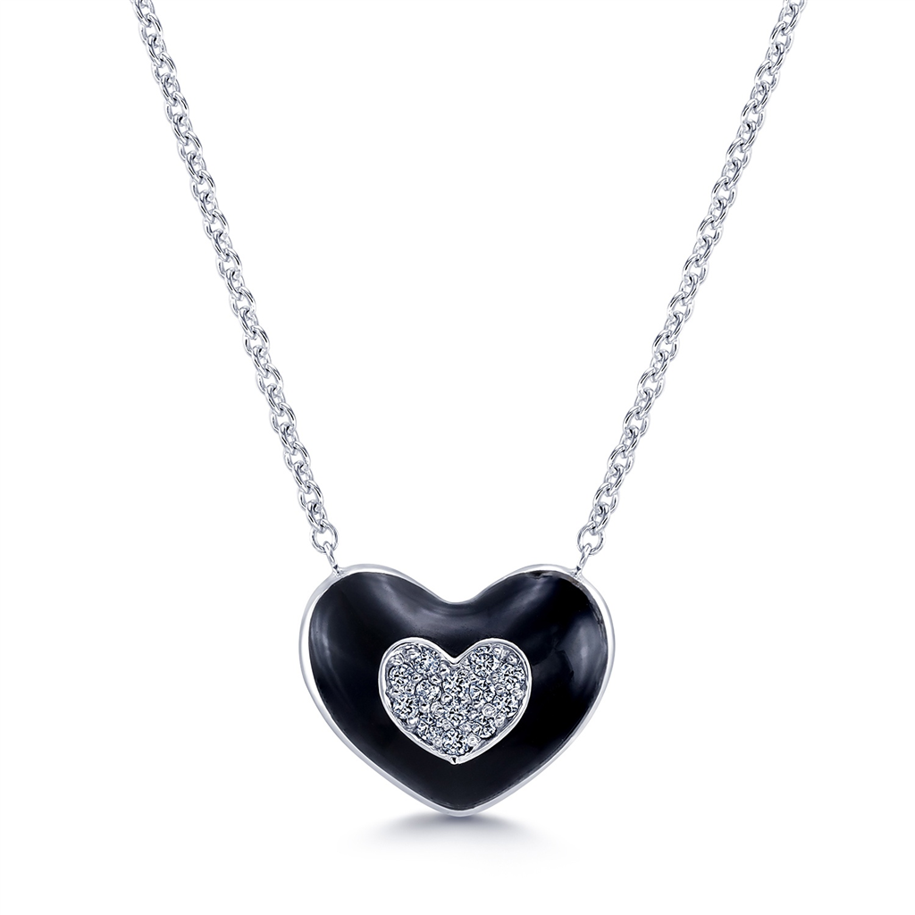 18K White Heart Necklace with Black Enamle & Diamonds 0.09ctw.