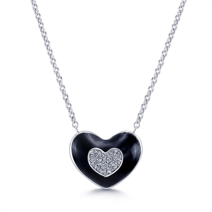 18K White Heart Necklace with Black Enamle & Diamonds 0.09ctw.