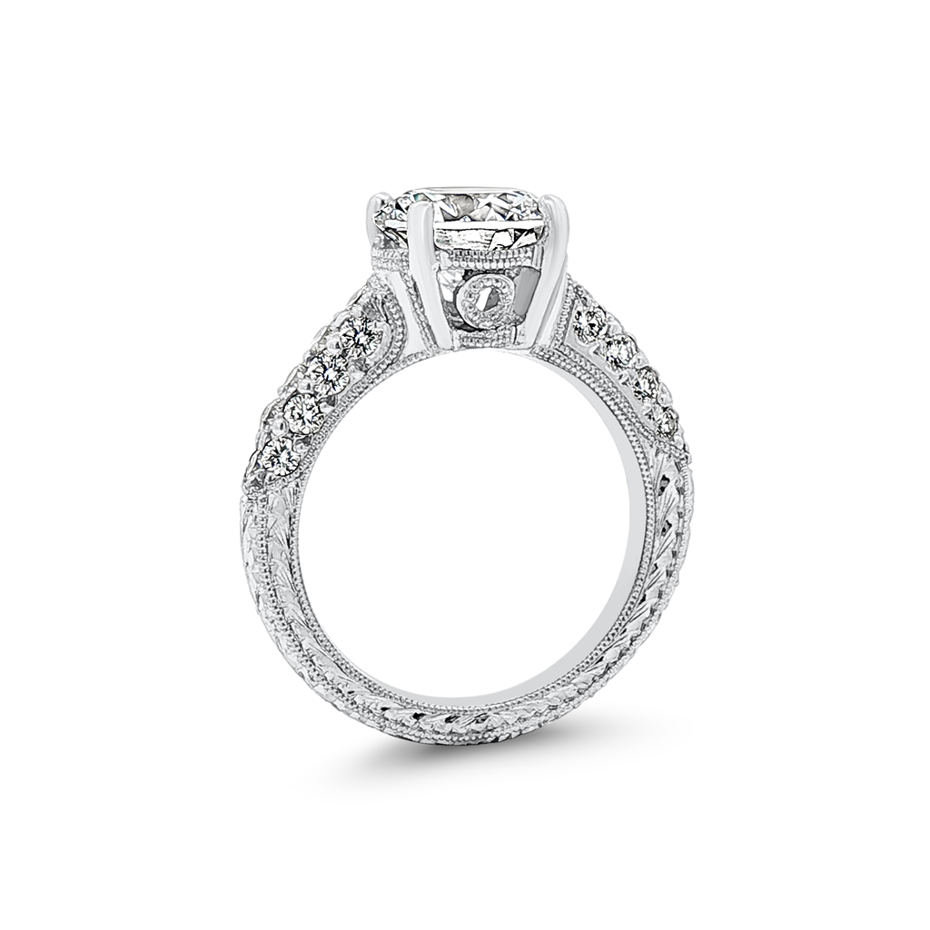 Platinum Three-Sided Pavé Hand-Engraved Natural Diamond Semi-Mount Engagement Ring
