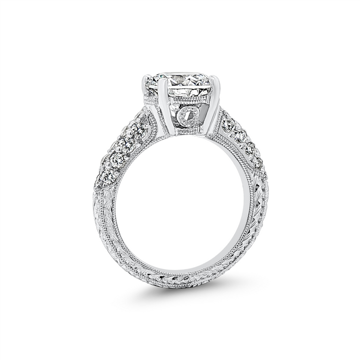 Platinum Three-Sided Pavé Hand-Engraved Natural Diamond Semi-Mount Engagement Ring