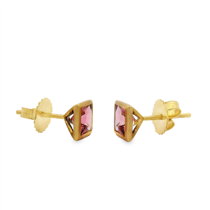 18K Yellow Gold Princess-Cut Pink Tourmaline Bezel Stud Earrings – 1.38ctw.