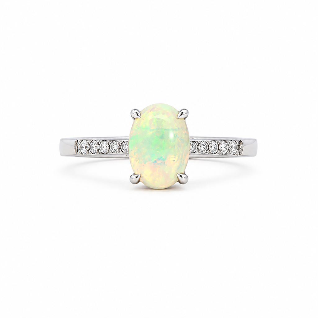 14K White Gold Natural Ethiopian Opal & Diamond Ring