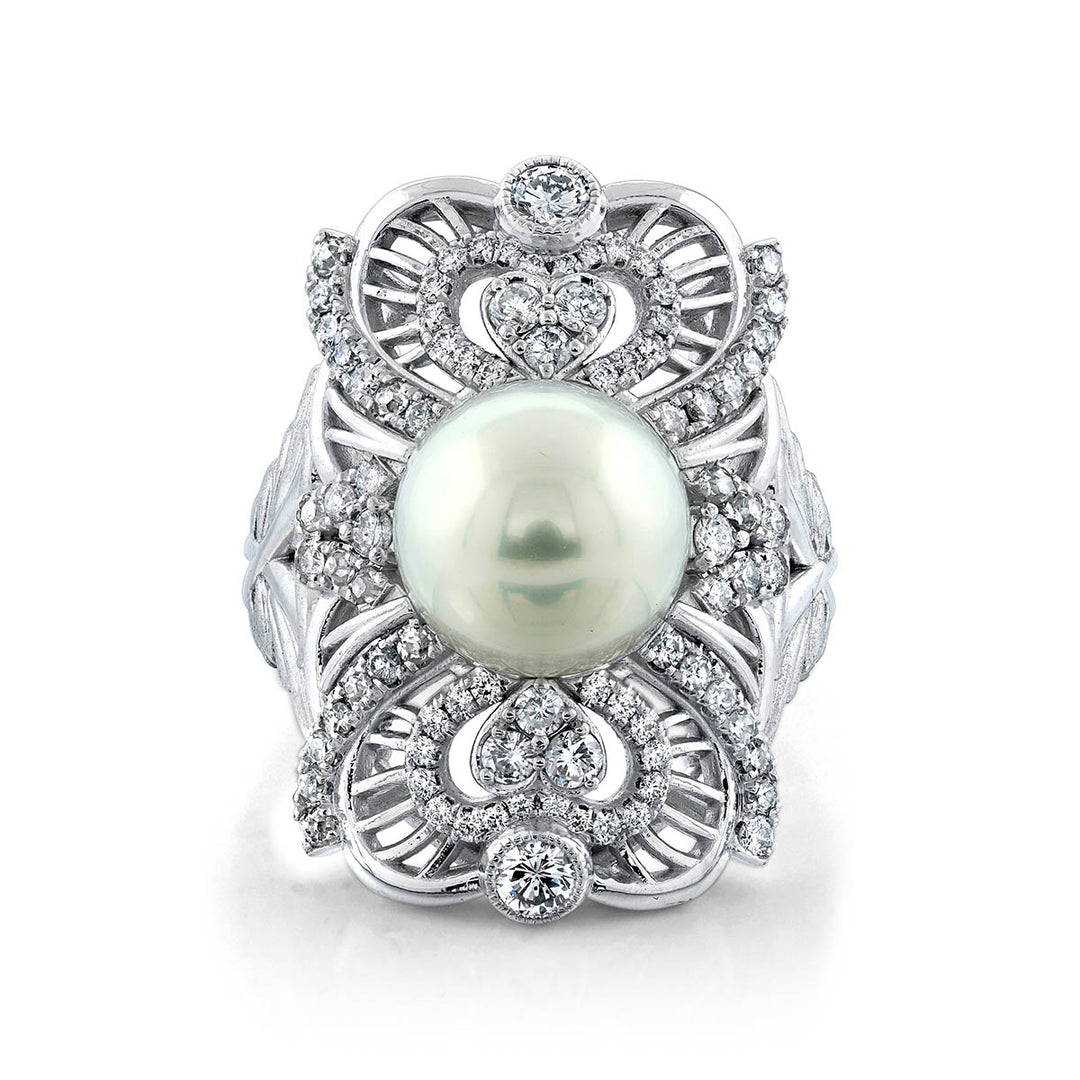 14K White Gold Diamond Ring - Featuring South Sea Pearl