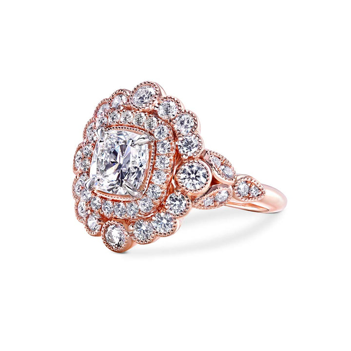 14k Rose Gold - 1.30ct Cushion Cut Vintage Diamond Halo Ring